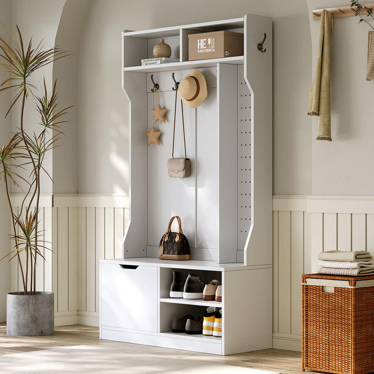 GARDEROBENSET Flurgarderobe mit Sitzbank 6 Haken Weiß 100x40x185.5cm - Weiß, Holzwerkstoff (185.4/40/100cm) - FLIEKS