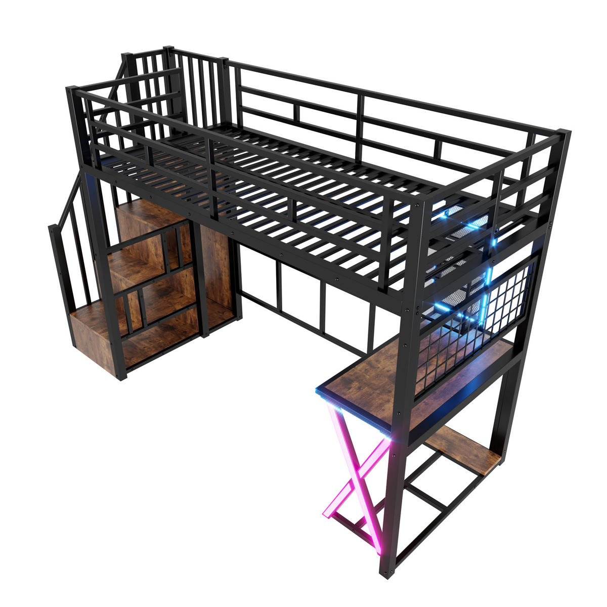 HOCHBETT 90/200 mit LED, Schreibtisch, Kleiderschrank und Ablageleiter in Schwarz - Schwarz, Holz/Holzwerkstoff (90/200cm) - EVRYAE