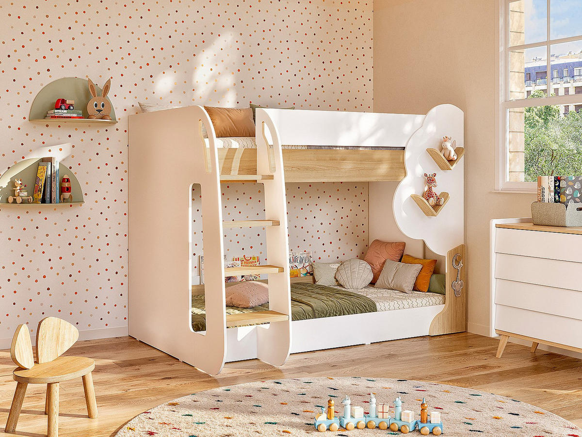 ETAGENBETT - 2 x 90 x 190 cm - Weiß & Holzfarben - PILATI - Naturfarben, Holz (137.4/196cm) - Vente-Unique