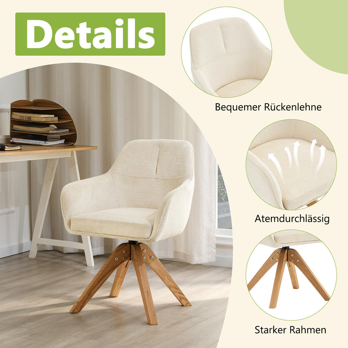 ARMLEHNSTUHL-SET DE-36640 2 Stück mit Stoffbezug und Massivholzbeinen Beige - Beige, Holz (46/82/58cm) - ComfortXL