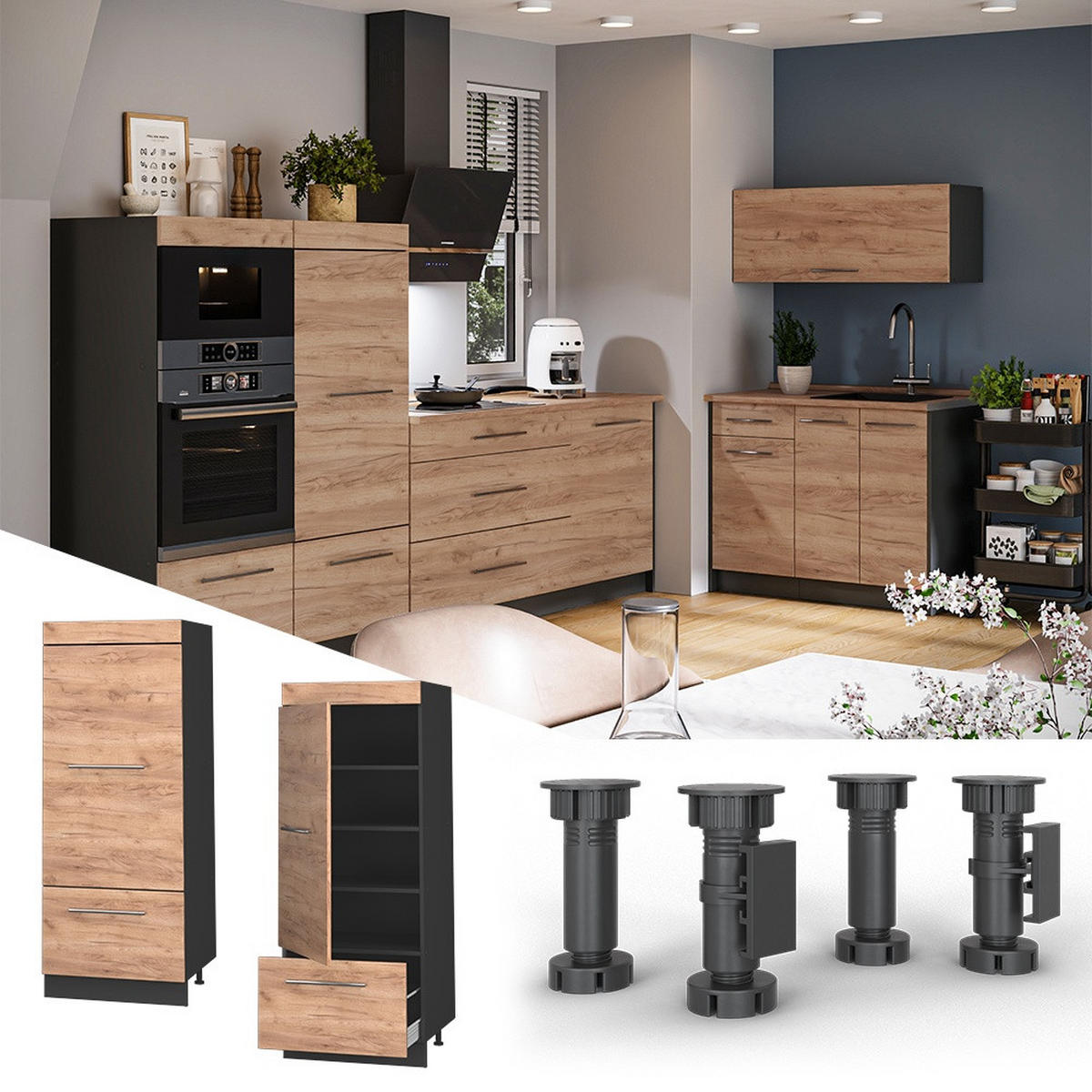 DULAP CĂMARĂ PENTRU BUCĂTĂRIE Fame-Line, Stejar auriu/antracit, 60 cm - stejar miere/antracit, compozit lemnos (60/153.6/58.1cm) - Vicco