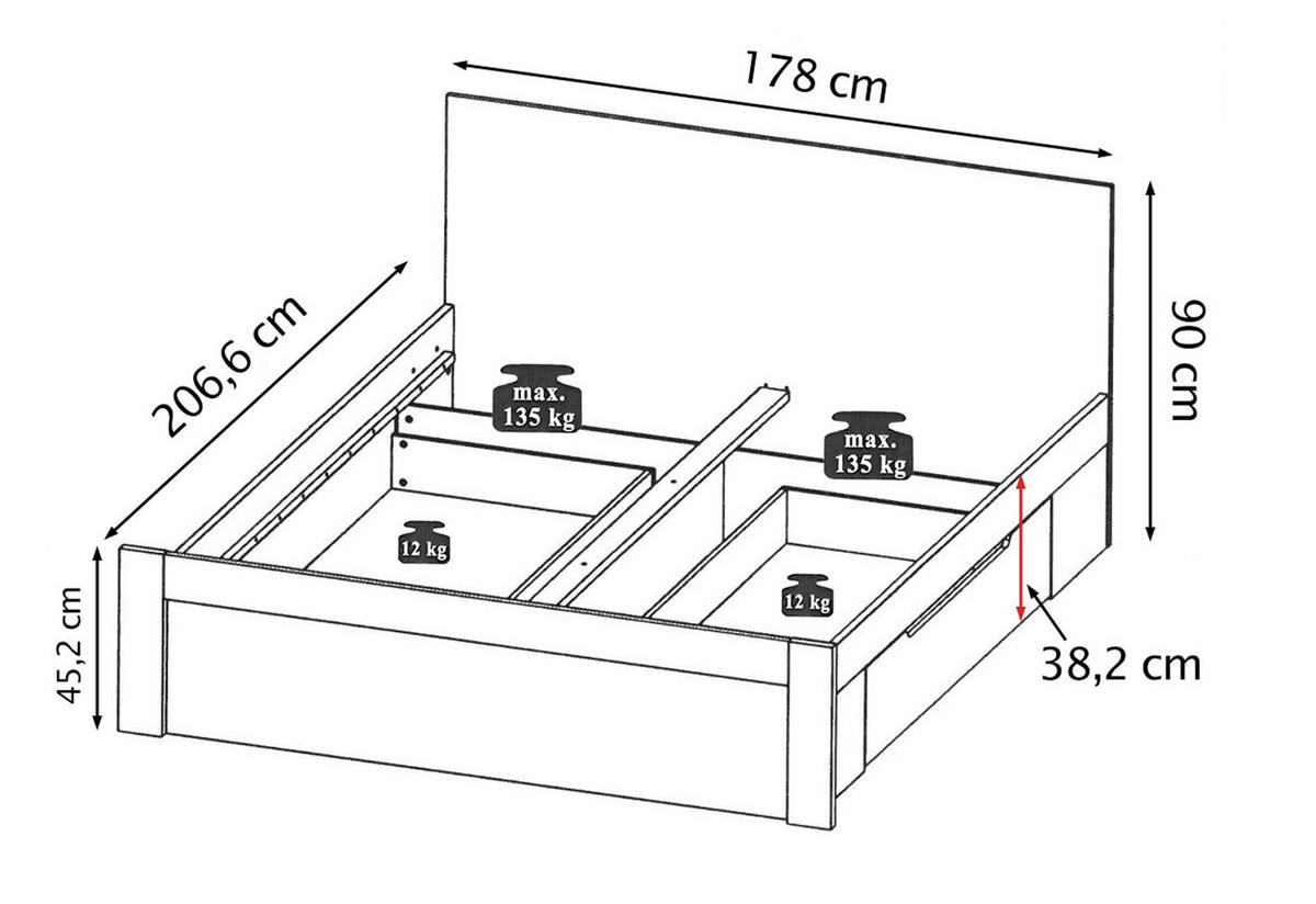 DOPPELBETT MIT NACHTKONSOLEN Roma Eiche ribbeck / dunkelgrau 298 / 207 / 90cm - Eichefarben/Schwarz, Holz/Holzwerkstoff (160/200cm) - Feldmann-Wohnen