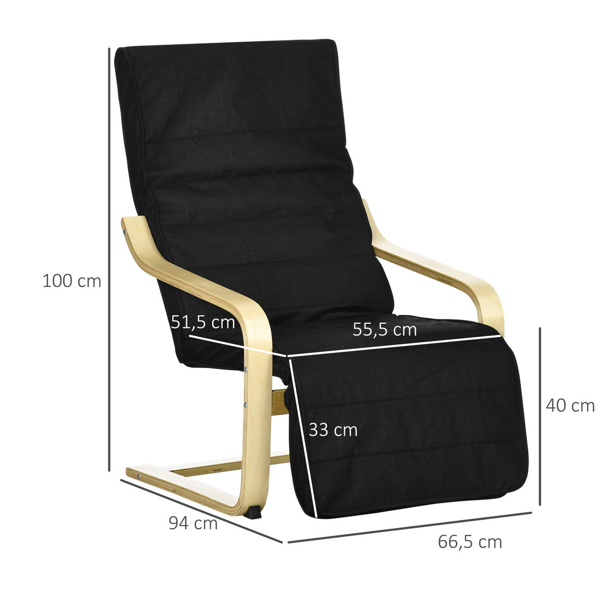 RELAXSESSEL Schwingstuhl, Ruhesessel, Relaxstuhl mit Verstellbarem Fußteil - Schwarz, Holz (94/100/66.5cm) - HOMCOM