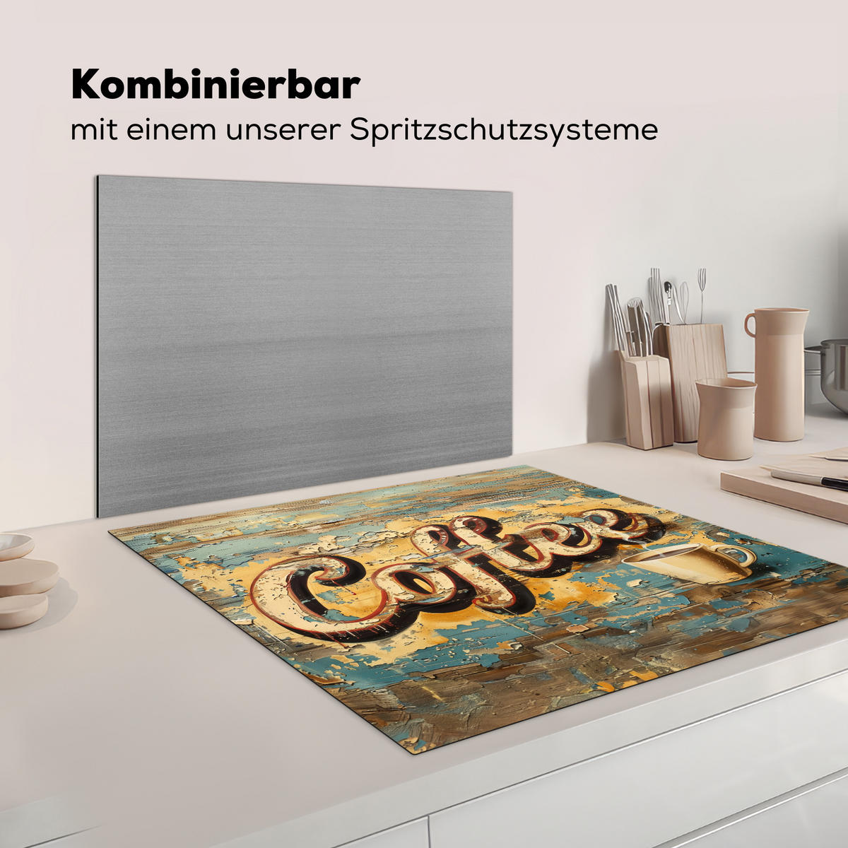 KRYT NA INDUKČNÍ DESKU Káva - Vintage - hnědá - šálek 78x78 cm - teaková, plast (78/78/0.2cm) - MuchoWow