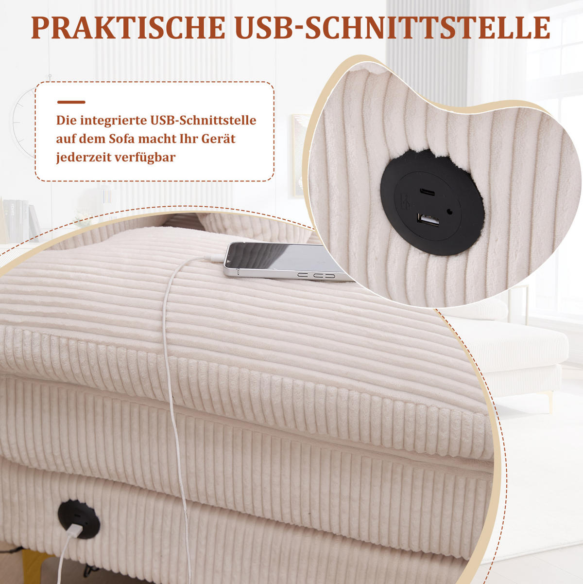 SEDACIA zostava v tvare U, 265/135/88 cm, zamat béžová, s LED osvetlením a USB portom - béžová, textil (135/88/265cm) - BEAOK