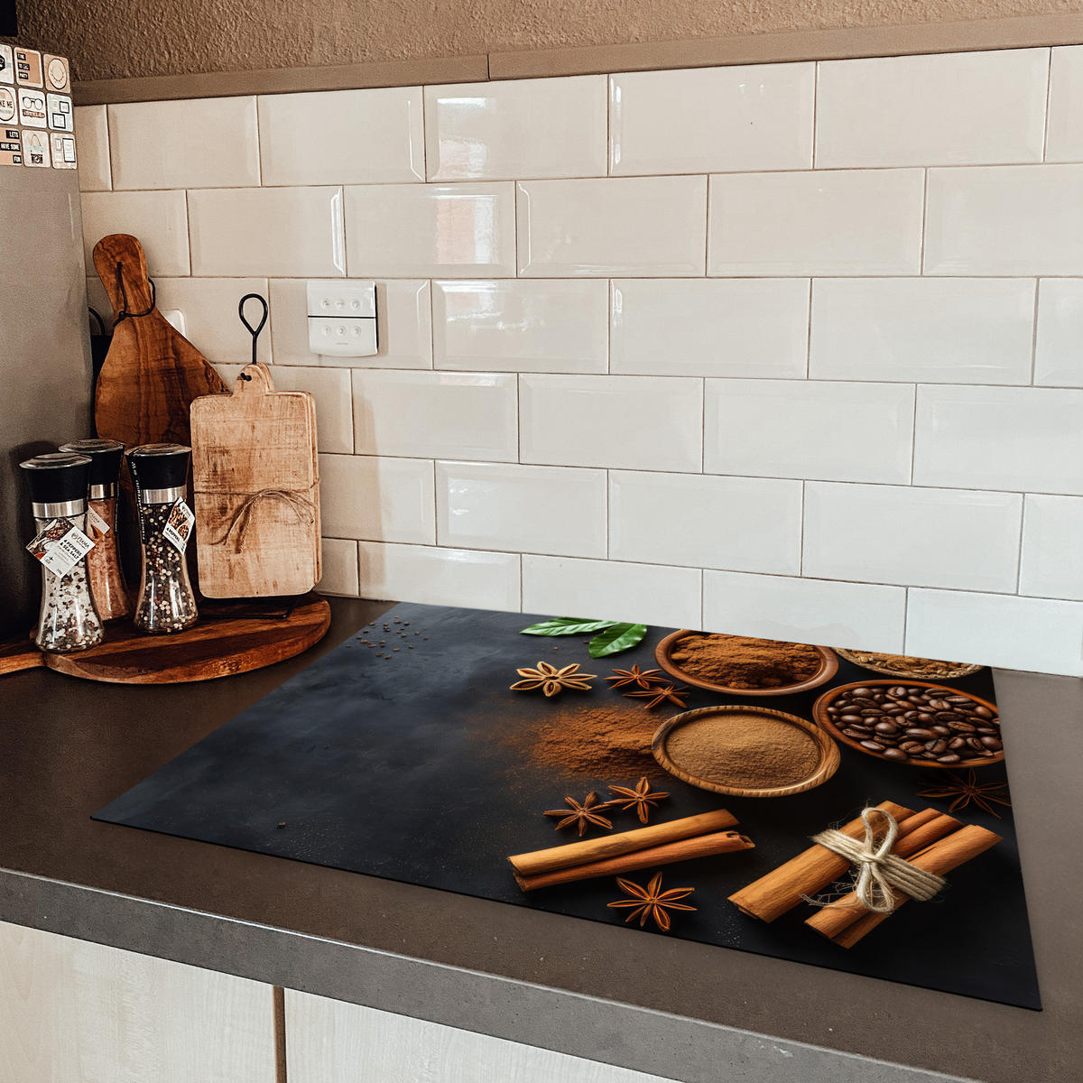 HERDABDECKPLATTE Zimt - Beton - Kaffee - Zimtstangen - Gewürze 71x52 cm - Mokka, Kunststoff (71/52/0.2cm) - MuchoWow