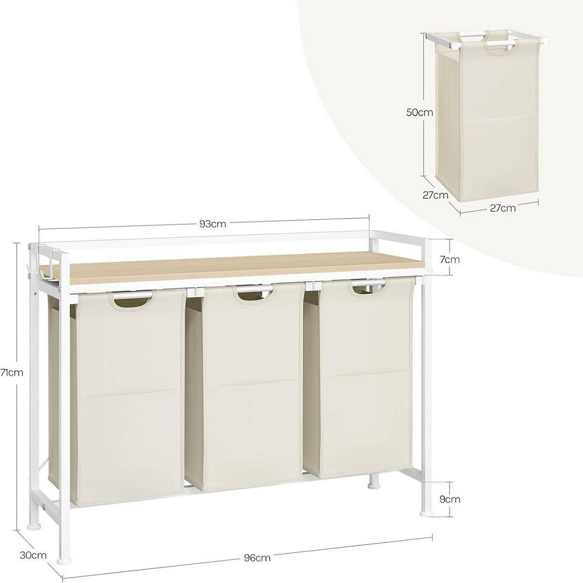 WÄSCHEKORB 3 Fächer, jedes 40 L, Weiß+Helle Eiche - Eichefarben/Weiß, Holzwerkstoff/Textil (96/71/30cm) - Woltu