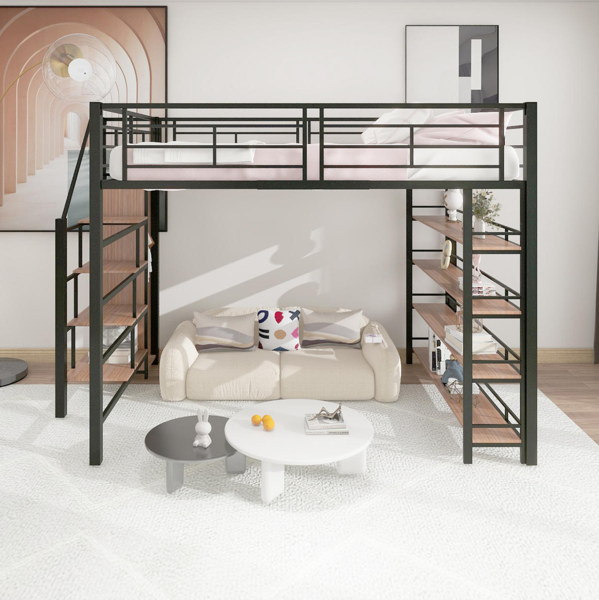 HOCHBETT aus Metall 140x200 cm Schwarz mit Stauraumtreppe, Garderobe und Regalen - Schwarz, Metall (140/200cm) - Modfu