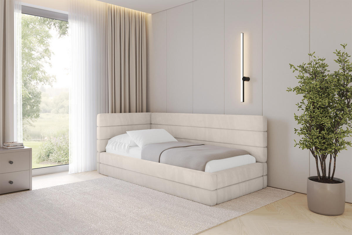 EINZELLBETT Jugendbett mit Bettkasten, Rechts - BEMY 90x200 Beige - Sandfarben, Holzwerkstoff/Textil (90/200cm) - ALTDECOR