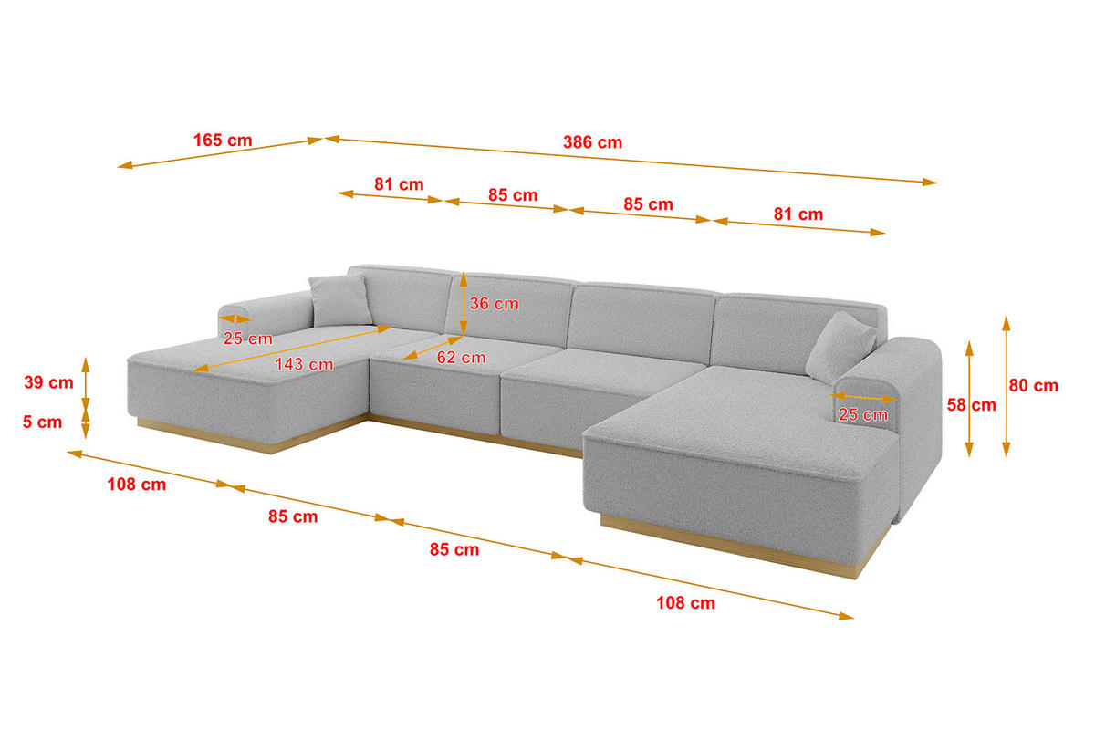 WOHNLANDSCHAFT IREA-U2-v2 - 386x165x80 cm Hellgrau - Hellgrau, Holzwerkstoff/Textil (386/80/165cm) - ALTDECOR