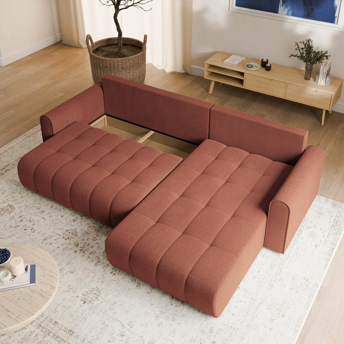 ECKSOFA FRIGA Orange Strukturstoff mit Schlaffunktion - Terracotta, Holz (283/185cm) - MASSENO