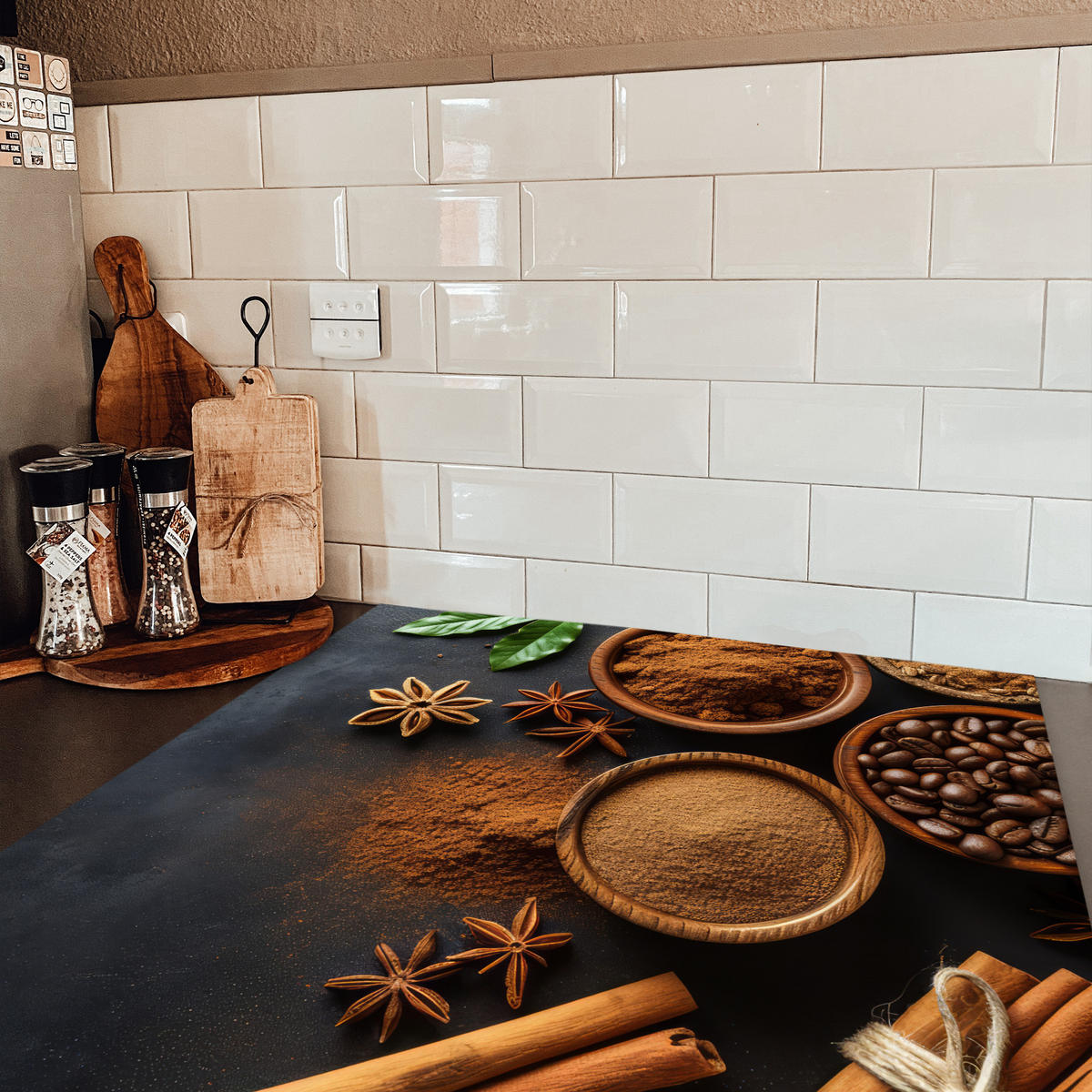 HERDABDECKPLATTE Zimt - Beton - Kaffee - Zimtstangen - Gewürze 78x78 cm - Mokka, Kunststoff (78/0.2/78cm) - MuchoWow