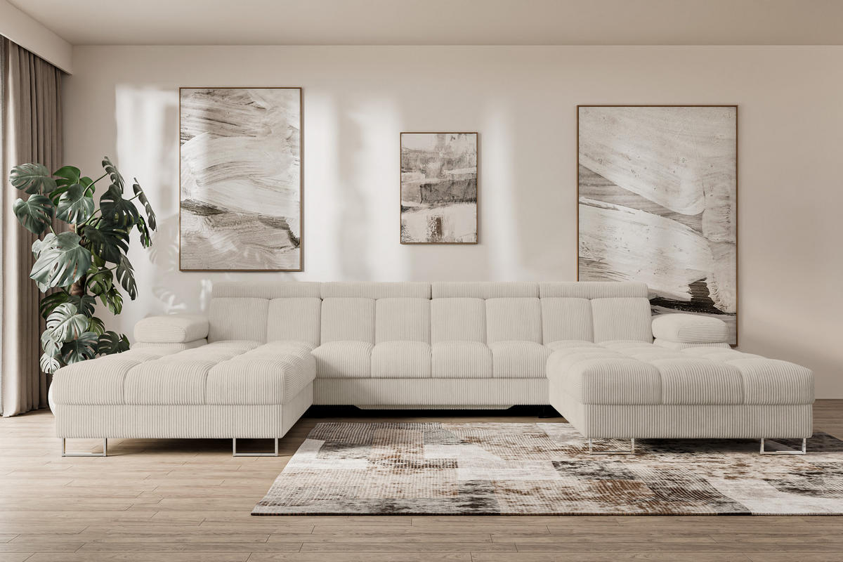 WOHNLANDSCHAFT mit Schlaffunktion und Bettkasten COMA U2 345x203x79 Beige Cord - Beige, Holzwerkstoff/Textil (345/79/203cm) - ALTDECOR