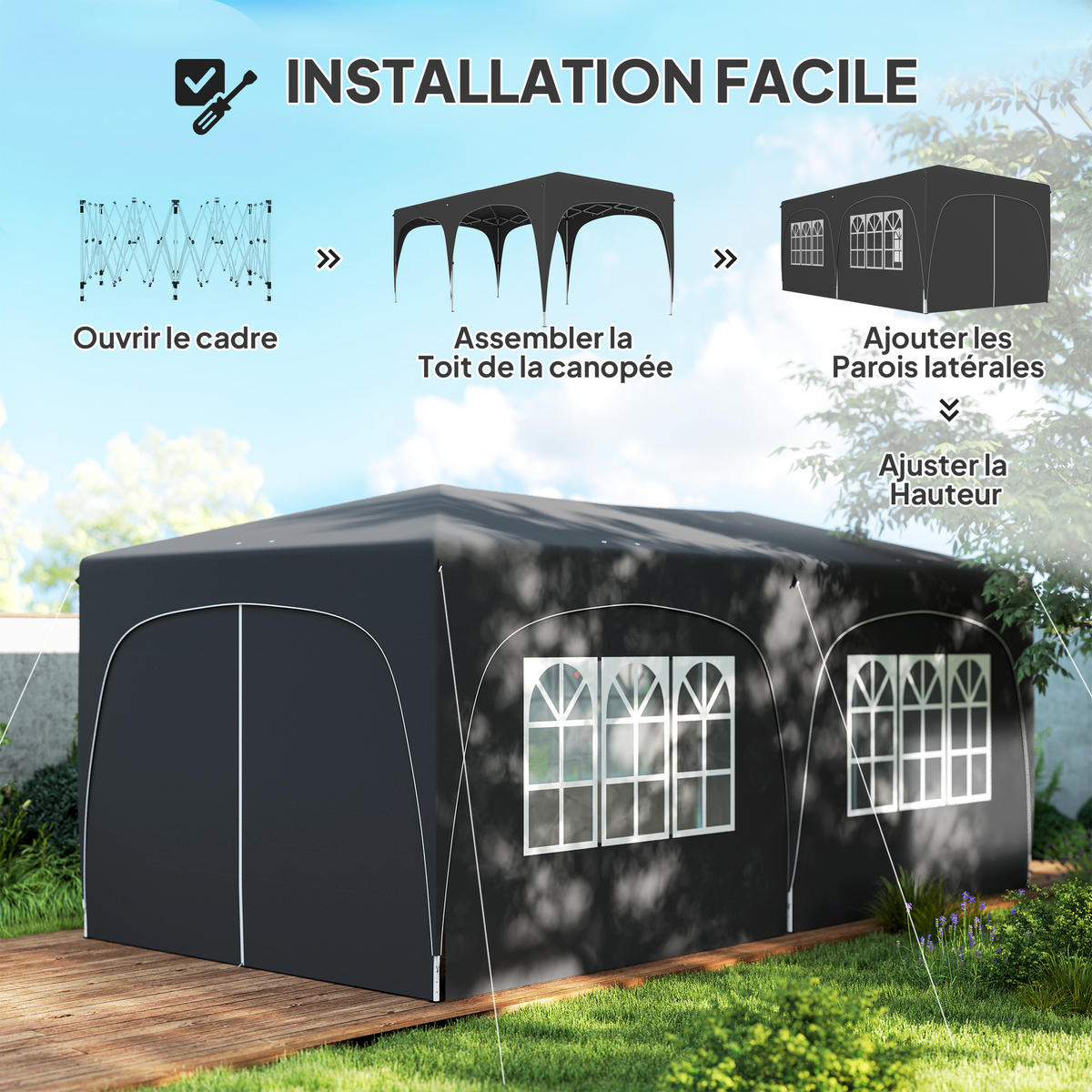 PAVILLON DE-14042 Pop-up 3/6 m, höhenverstellbar, UPF50+ Dunkelgrau - Dunkelgrau, Textil (300/270/597cm) - ComfortXL