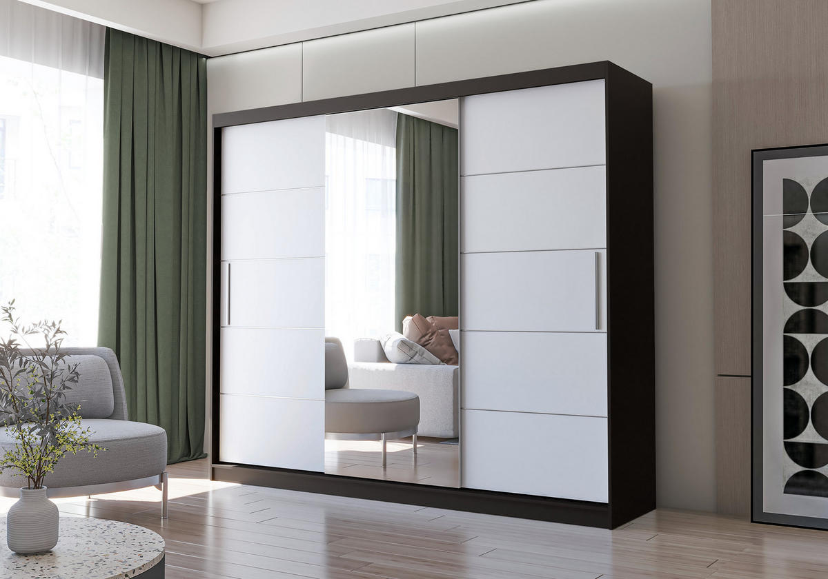 SCHWEBETÜRENSCHRANK Alba Schwarz/Weiß + Spiegel, ohne LED Beleuchtung 250 cm - Alufarben/Schwarz, Glas/Holzwerkstoff (250/218/61cm) - imoebel24