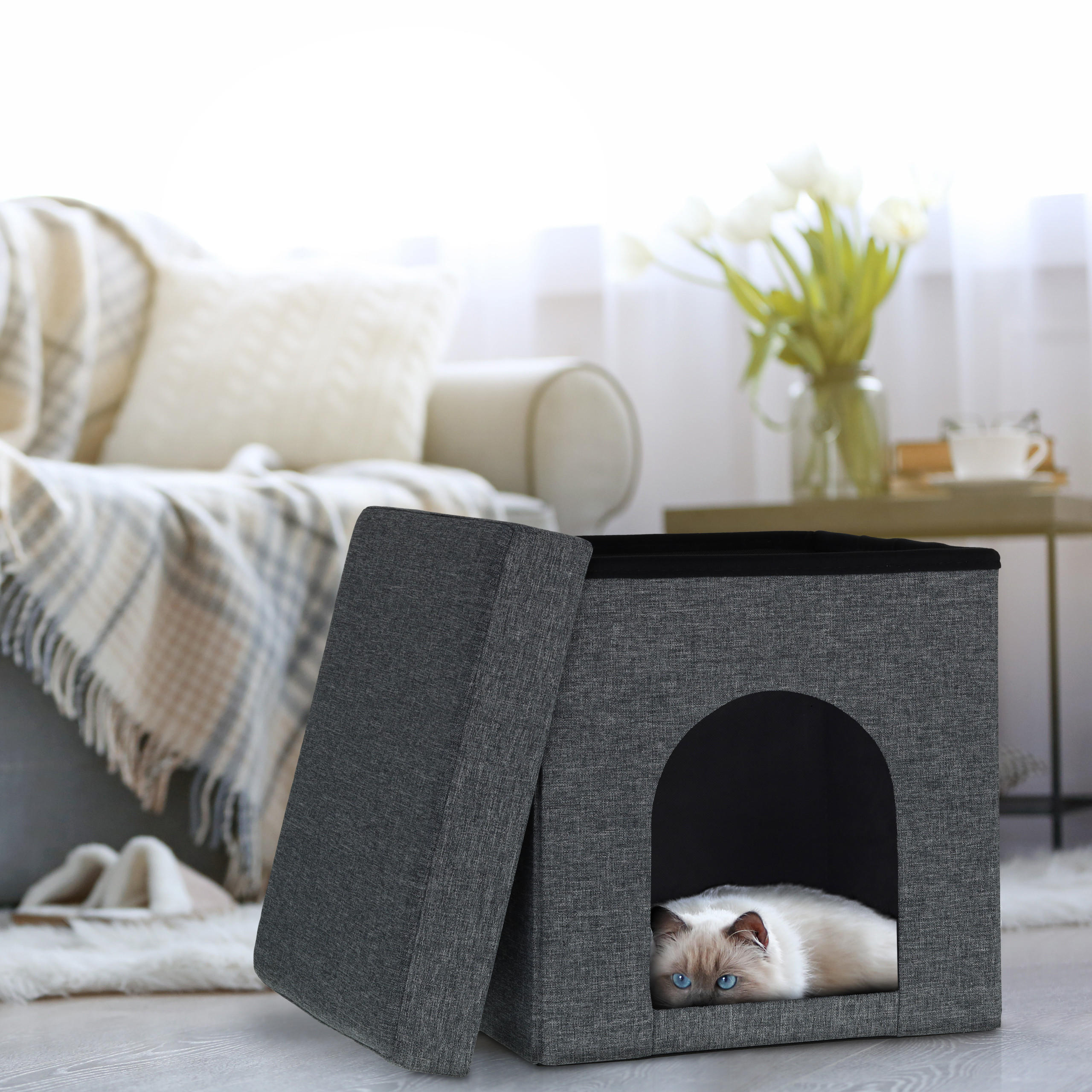 KATZENHÖHLE - Grau, Holzwerkstoff/Textil (37/38.5/37cm) - Relaxdays