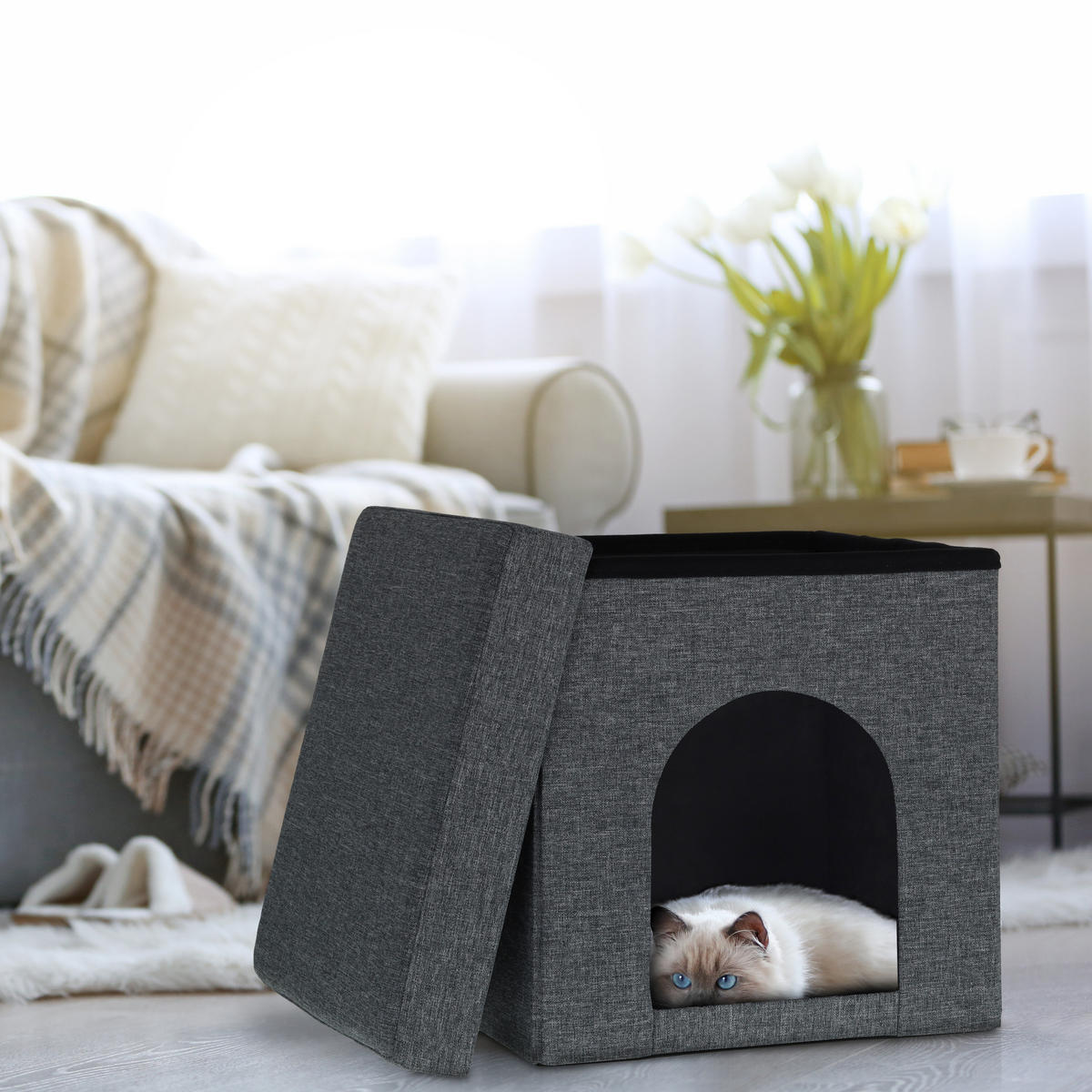 KATZENHÖHLE - Grau, Holzwerkstoff/Textil (37/38.5/37cm) - Relaxdays