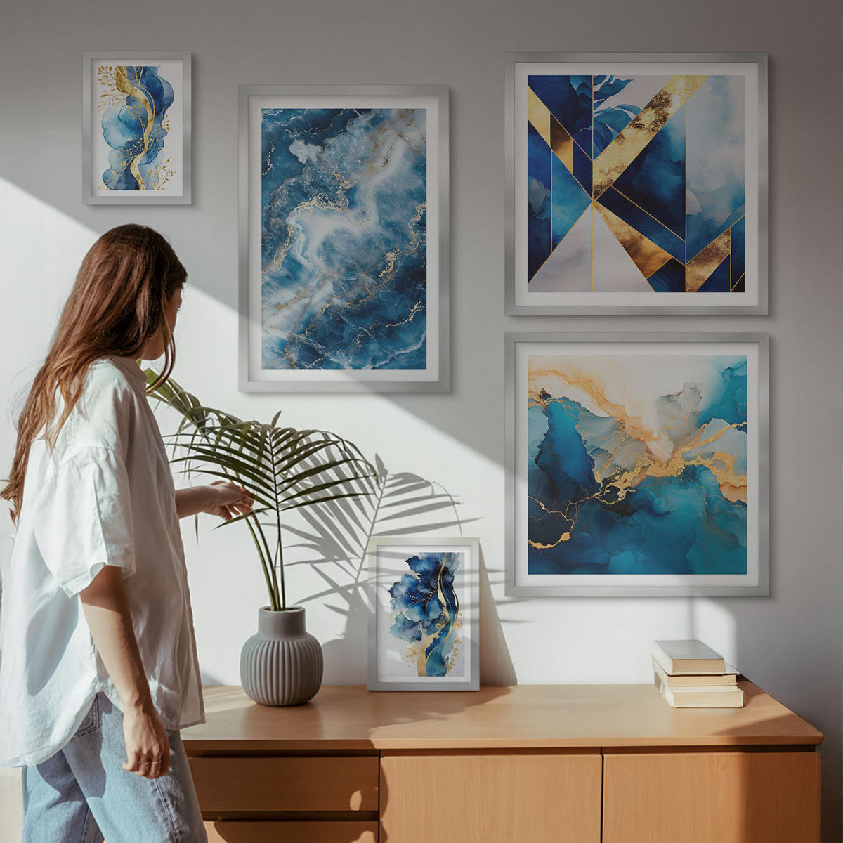 BILDER SET 5er Set - 50x50 cm & 20x30 cm & 40x60 cm Silberner Rahmen - Blaue abstrakte Muster - Silberfarben, Kunststoff (40/60cm) - TULUP