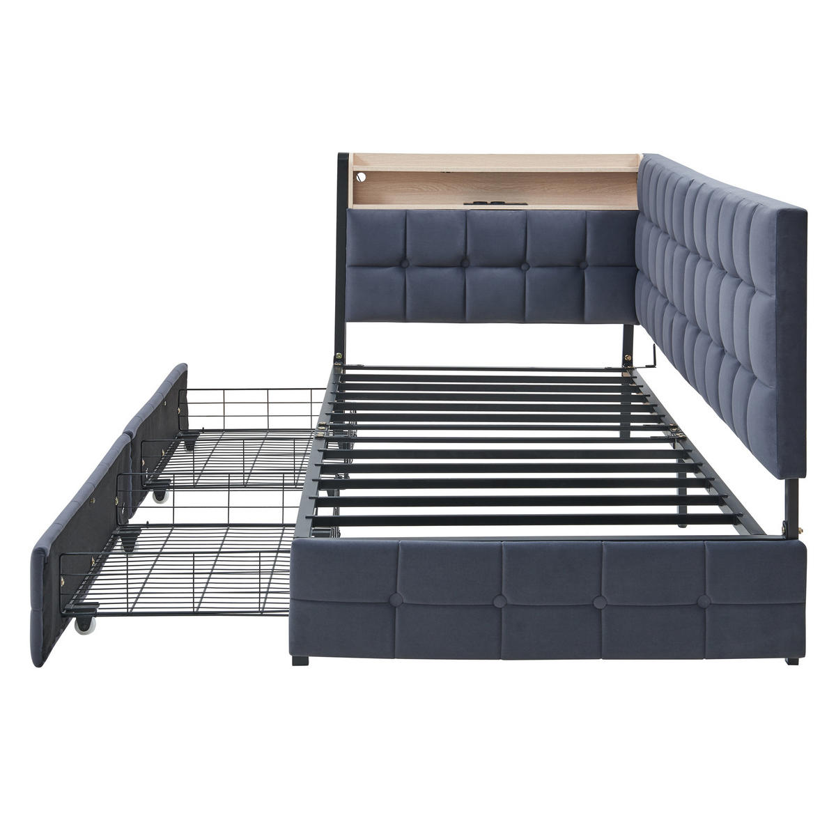 POLSTERBETT 90/200 cm grau mit 2 Schubladen und LED-Lampe - Dunkelgrau, Textil (90/200cm) - OKWISH