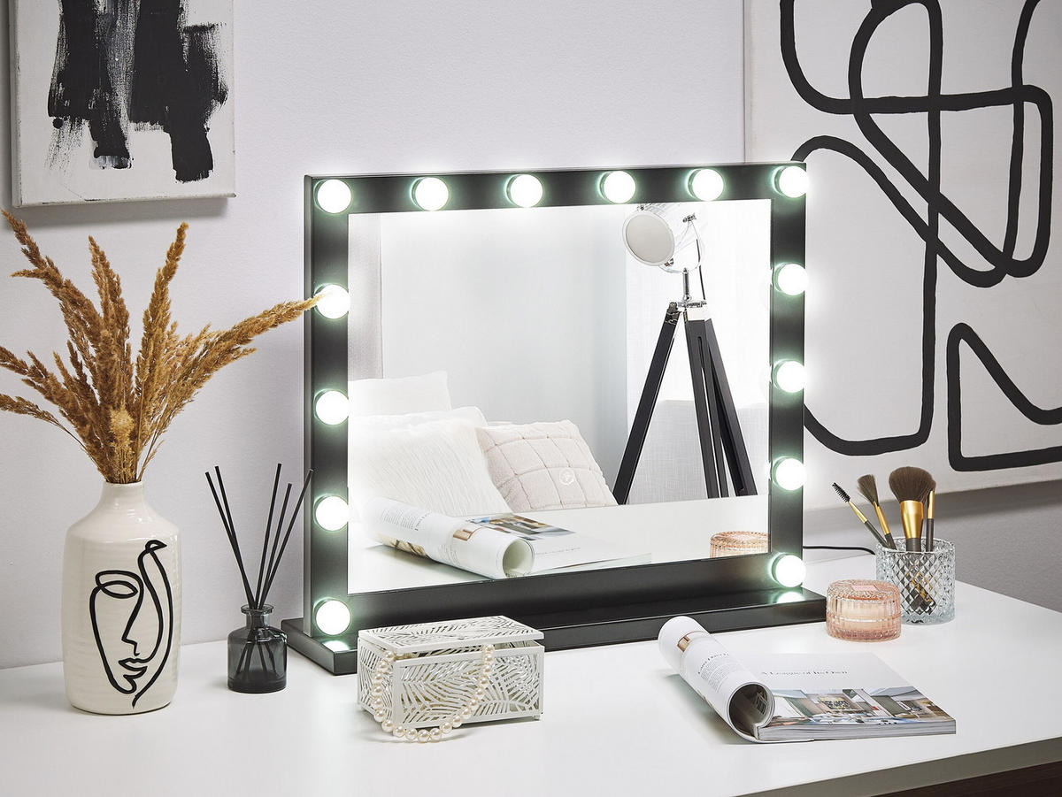 BADSPIEGEL mit LED-Beleuchtung schwarz rechteckig 50/60 cm Beauvoir - Schwarz, Metall (60/50/2cm) - Beliani
