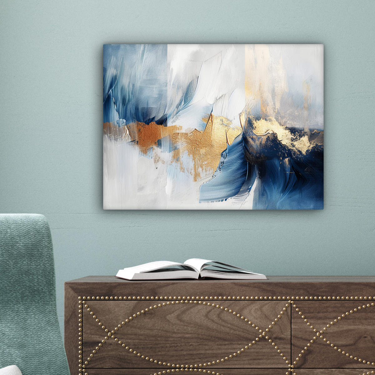 LEINWANDBILD Gold - Blau - Aquarell - Kunst - Modern Wandbild 40x30 cm - Hellblau, Textil (40/30cm) - MuchoWow