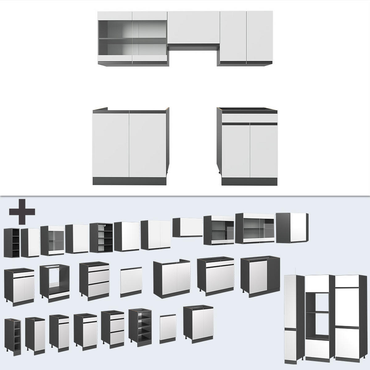 KÜCHENZEILE R-Line Weiß/Anthrazit 200 cm, AP Eiche - Anthrazit/Weiß, Holzwerkstoff (200/81.6/60cm) - Vicco