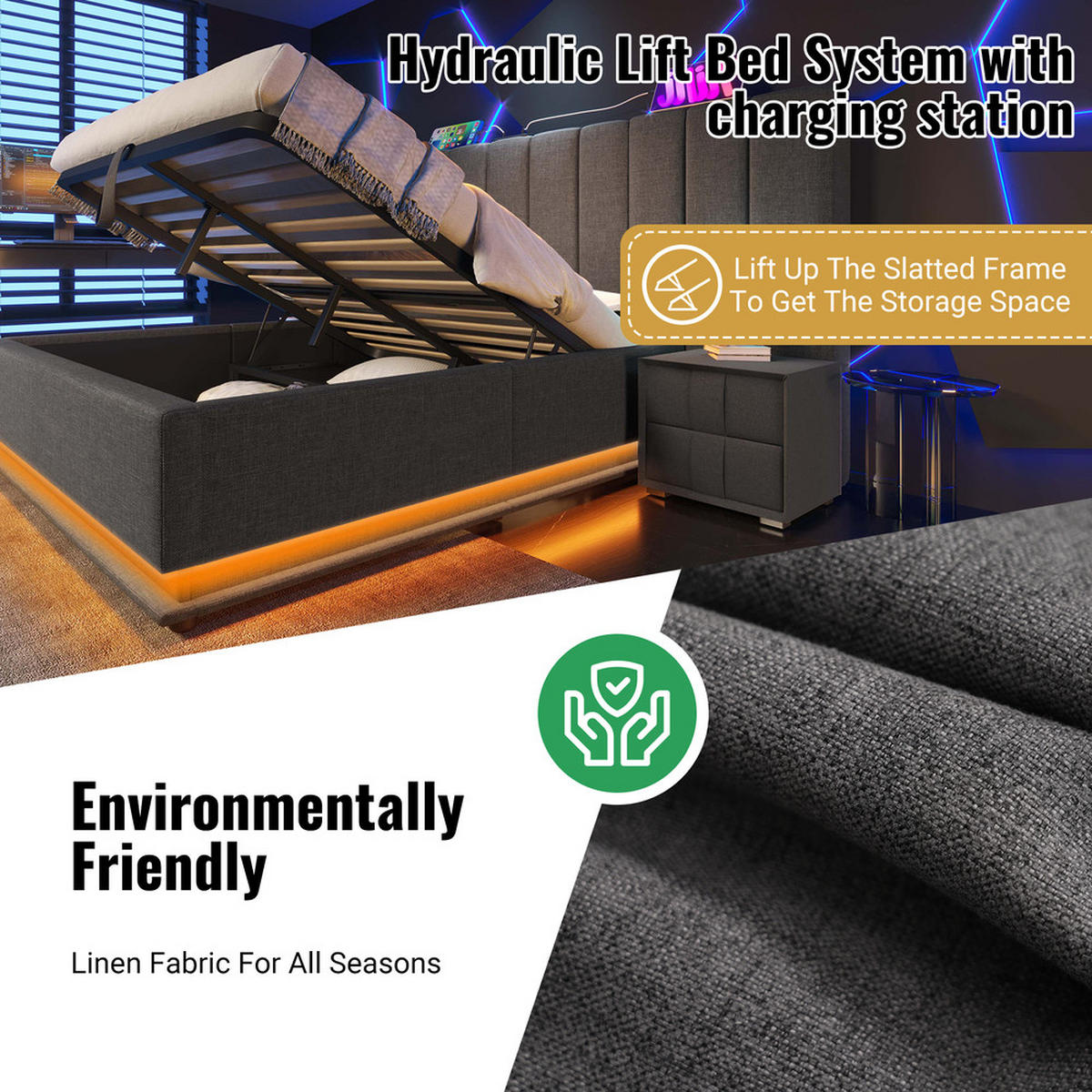 POLSTERBETT 160x200cm Doppelbett mit App LED & USB-C Stauraum Grau - Grau, Holz - FLIEKS