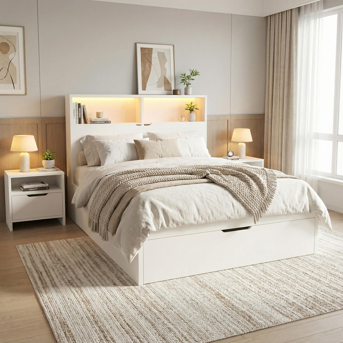 BETT 90x200 cm Weiß Multifunktions mit LED & USB - Weiß, Holzwerkstoff (90/200cm) - Urban Meuble