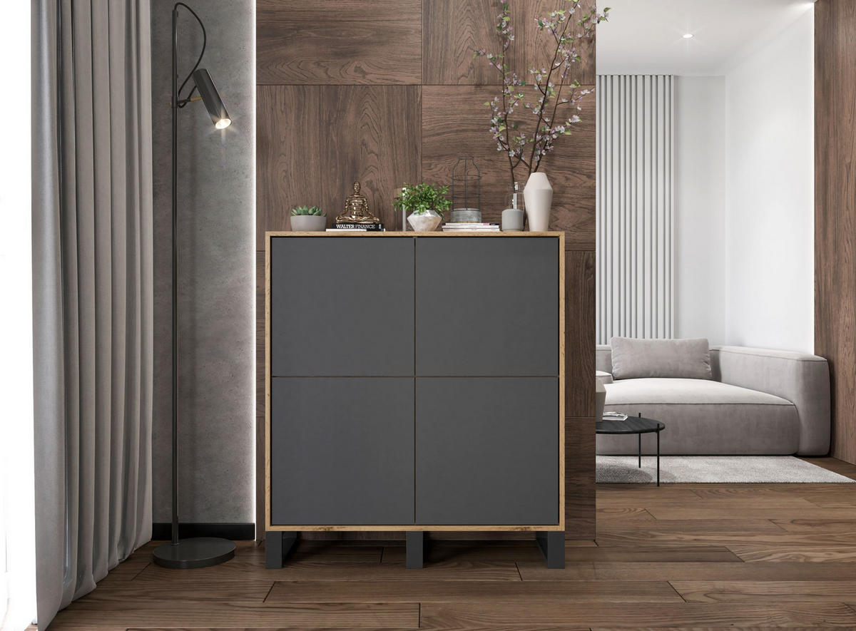 KOMMODE Apollo 4D Eiche wotan Graphit Matt mit metallbeinen 113 cm - Graphitfarben/Schwarz, Holzwerkstoff/Metall (113/127/35cm) - Meble Lindner