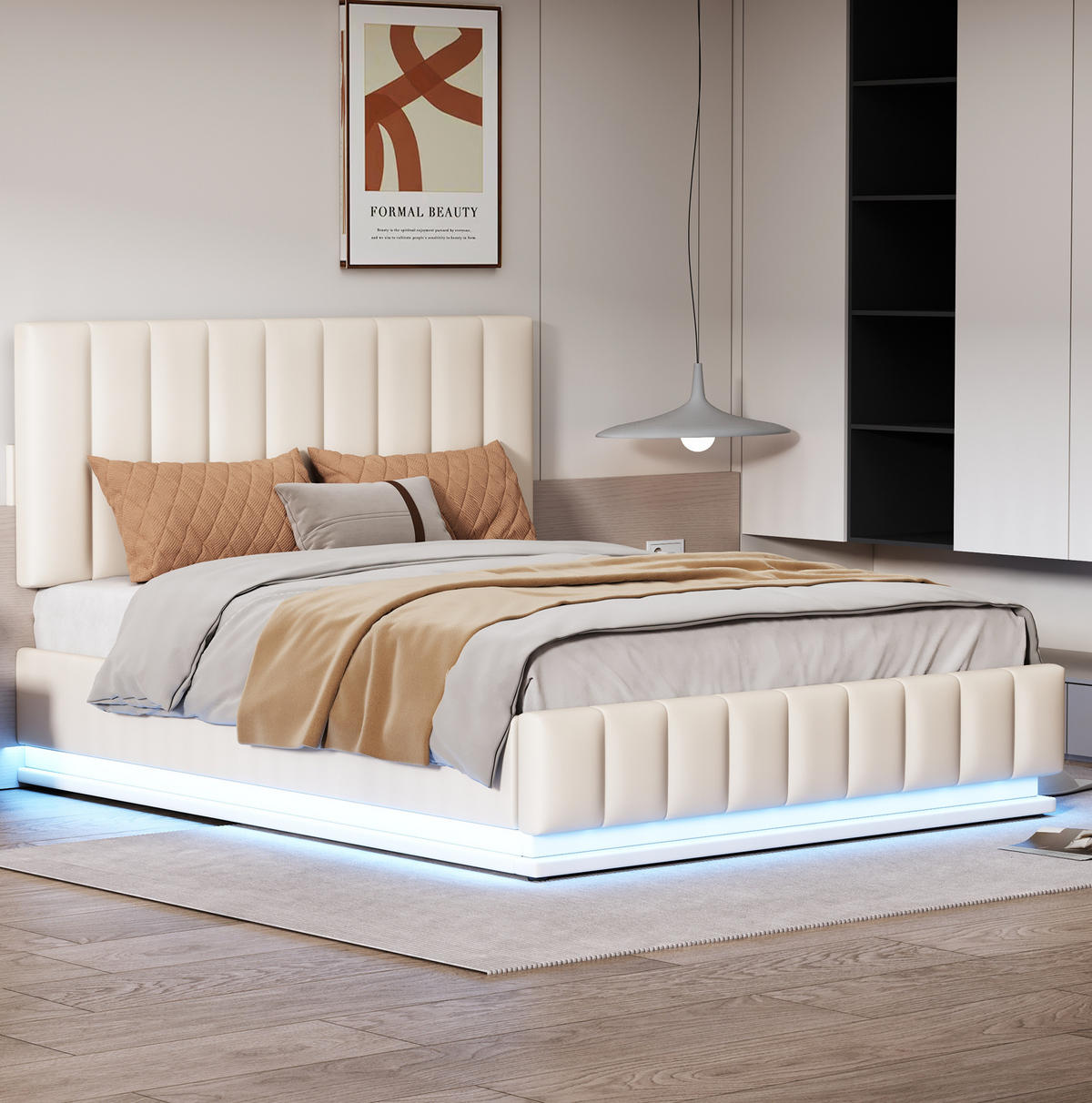 POLSTERBETT 140/200 cm mit LED-Streifen und Stauraum, Weiß, Doppelbett - Weiß, Textil (140/200cm) - OKWISH