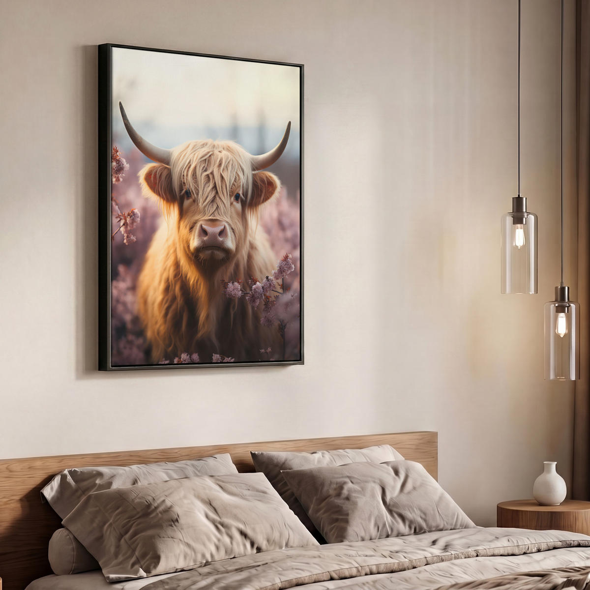 LEINWAND Bilder mit Rahmen - Schottischer Hochländer - Frühling - Hochland - 70x100 - Hellrosa, Textil (70/100cm) - MuchoWow