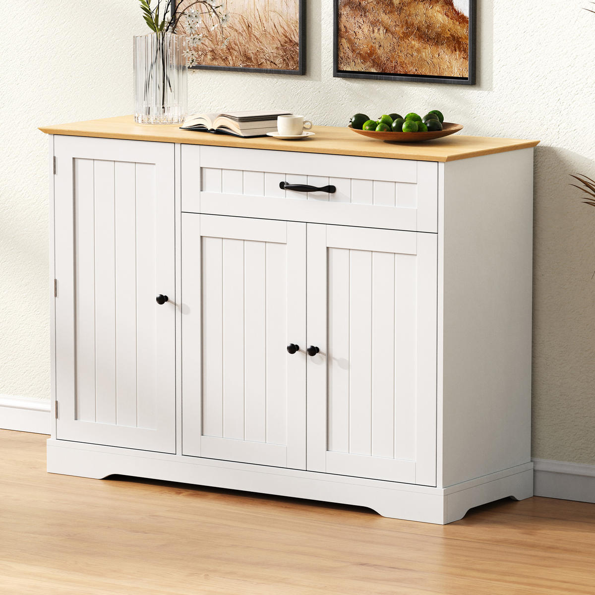SIDEBOARD in Naturfarbe und Weiß Anrichte mit Schublade für Esszimmer, Wohnzimmer und Diele, B107/T40/H83.4 cm - Weiß, Holzwerkstoff/Metall (107/83.4/40cm) - STILVORA