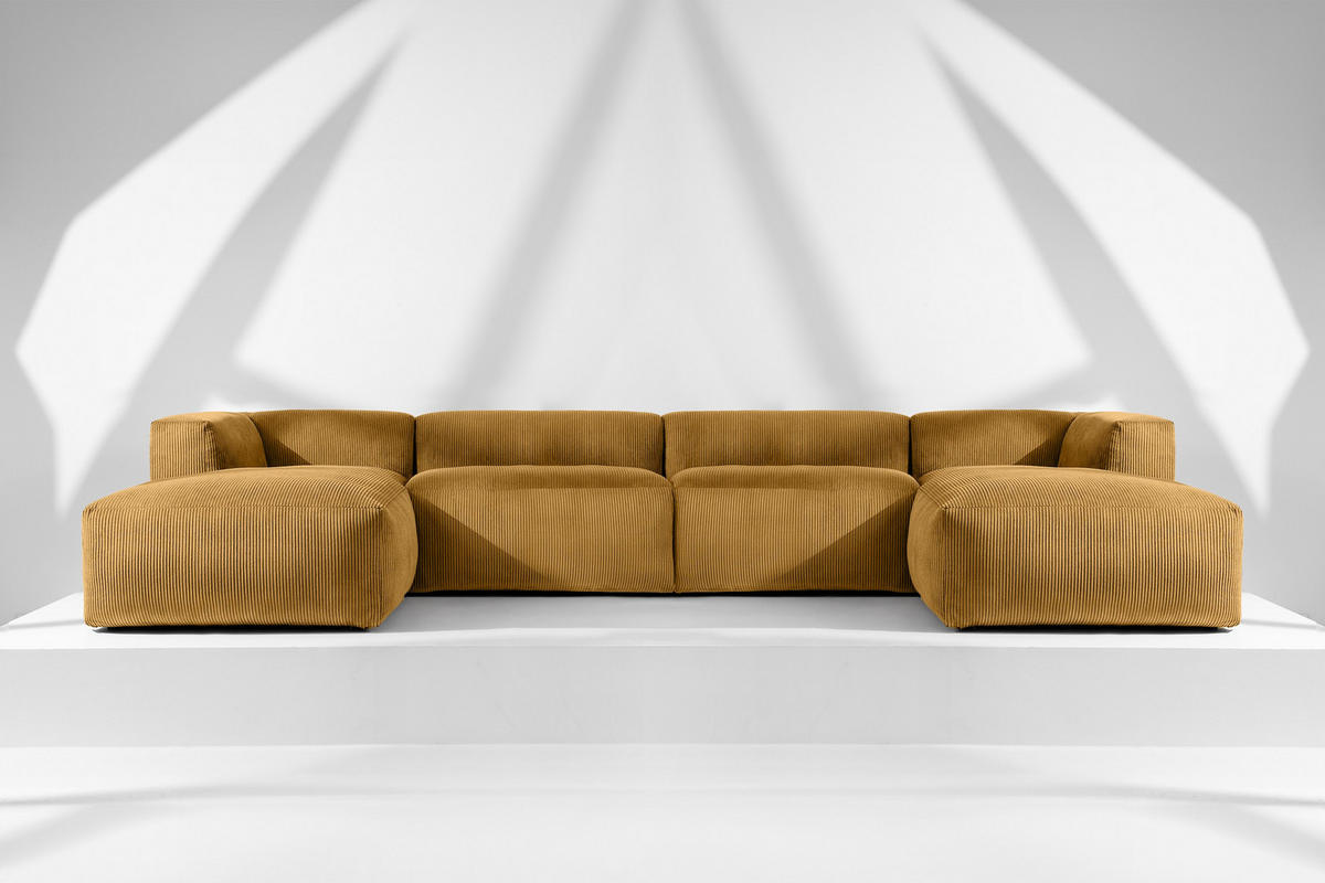 PANORAMA-ECKSOFA BUFFO 7/8 Sitzer mit extrem weicher Sitzfläche, Kordstoff, gelb - Gelb, Textil (424/73/180cm) - KONSIMO®