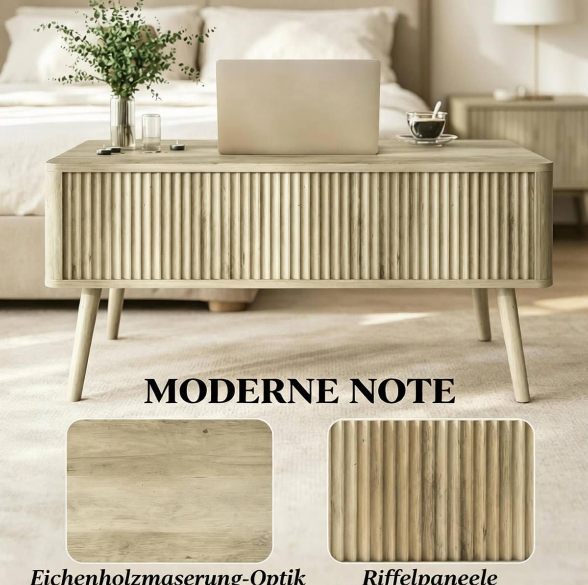 COUCHTISCH aus MDF und Kiefernholz 91x56x43 cm Eiche mit höhenverstellbarer Tischplatte und Stauraum - Eichefarben, Holzwerkstoff (91/56/43cm) - IVMEU