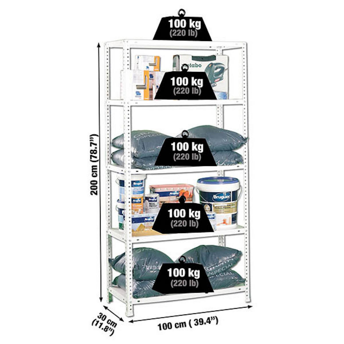 SCHRAUBREGAL PANDA TALL | HxBxT 200x100x30cm | 5 Fachböden | Fachlast 100kg | Weiß - Weiß, Metall (100/200/30cm) - PROREGAL