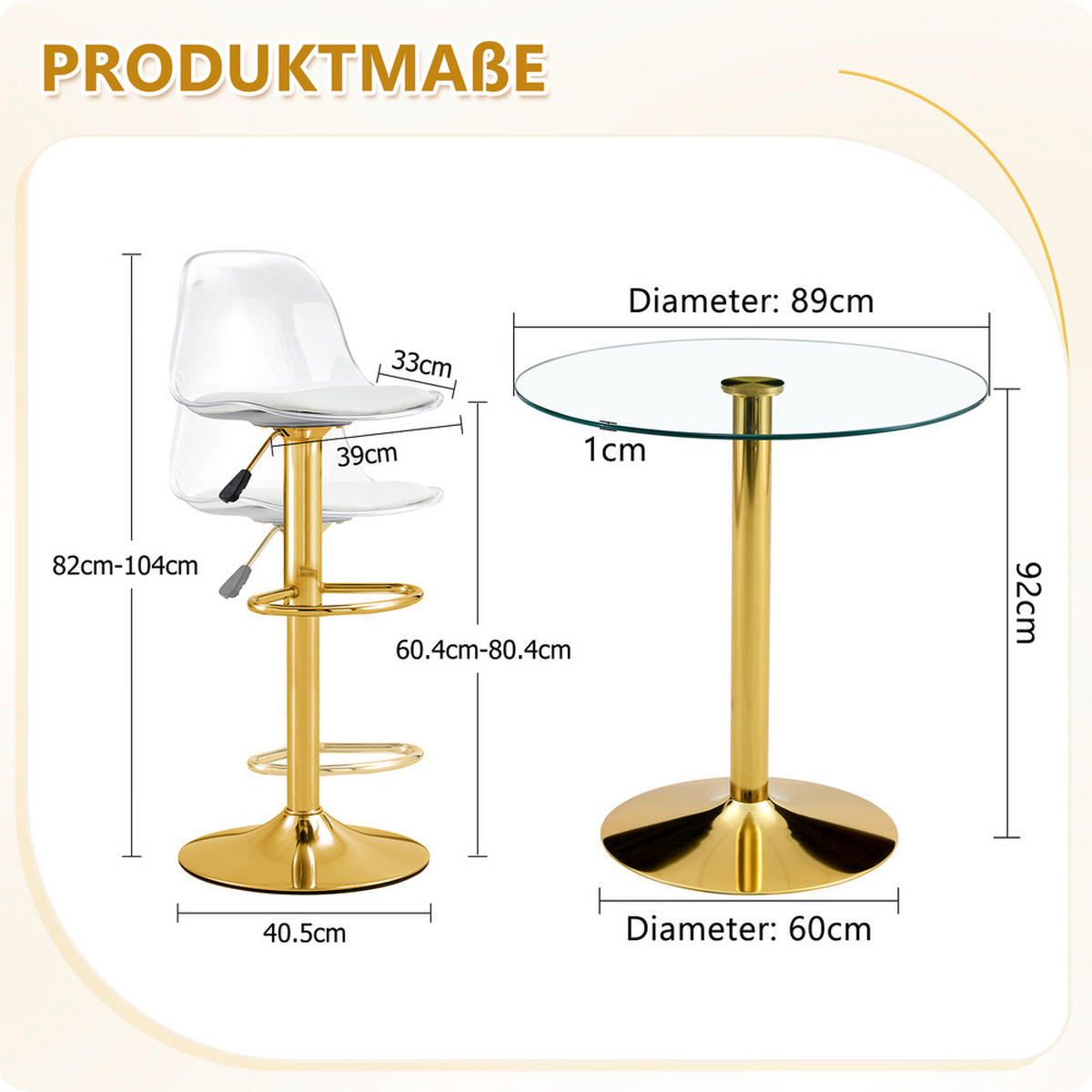 TISCHGRUPPE 3-tlg 2 Hockern Gold 89 cm - Transparent/Goldfarben, Glas/Metall (93/6/93cm) - Raelunyi