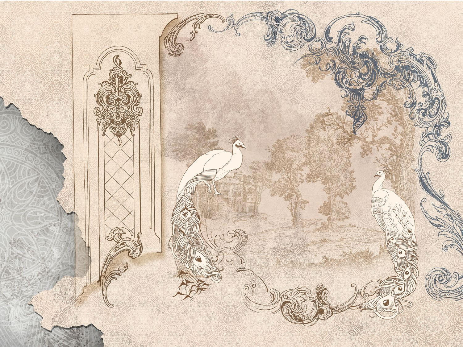 FOTOTAPETE orientalische Landschaft mit Pfauen 375 x 270 cm - Beige, Papier (375/270cm) - Sanders & Sanders