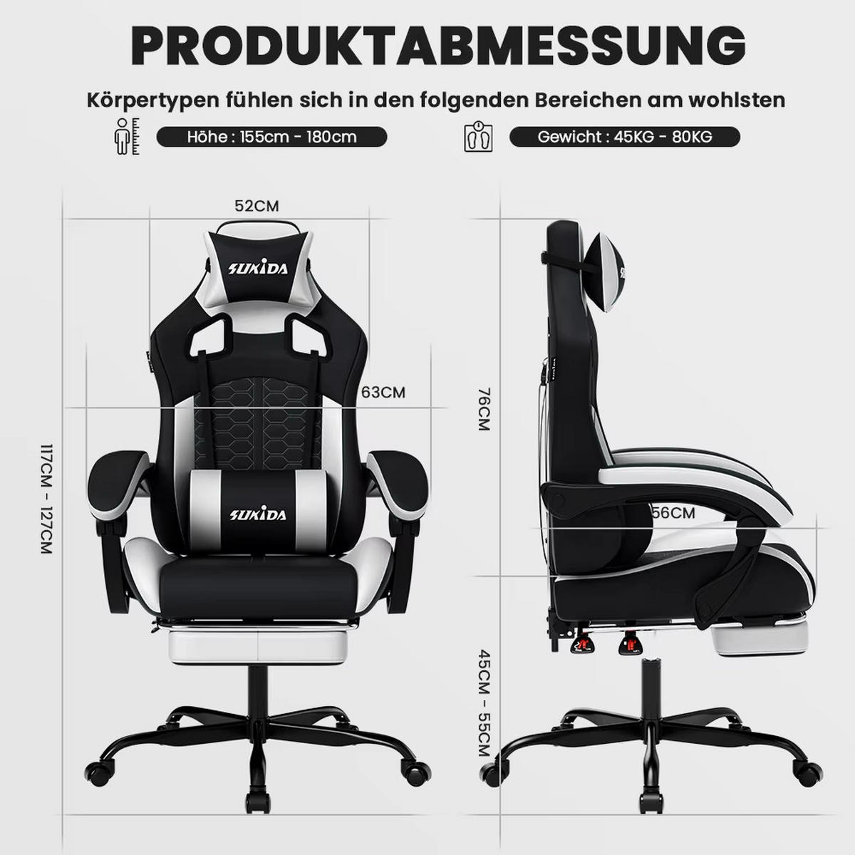 GAMINGSTUHL Racing ergonomisch verstellbar Drehstuhl Schwarz - Schwarz, Metall (63/127/56cm) - Kaket