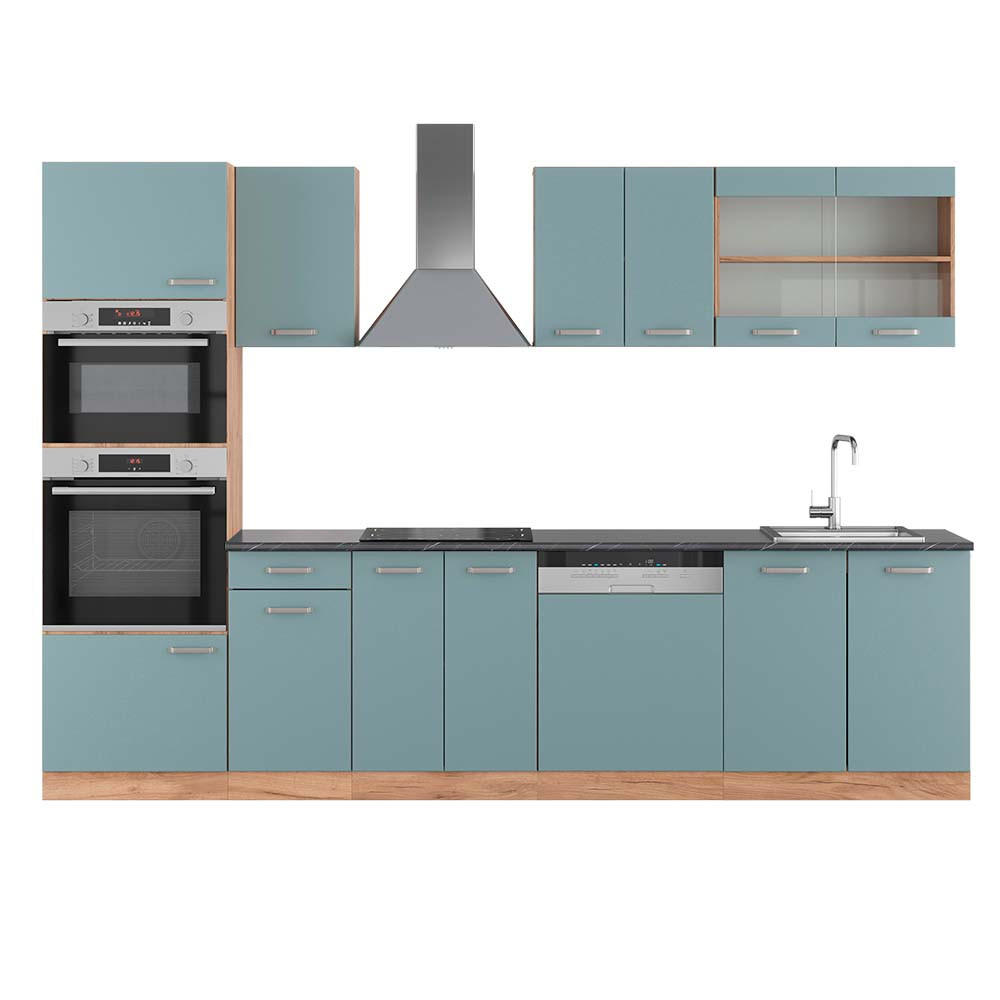KÜCHENZEILE R-Line Blau-Grau/Goldkraft Eiche 300 cm mit Hochschrank AP Anthrazit - Honigeiche/Blaugrau, Holzwerkstoff (300/81.6/60cm) - Vicco