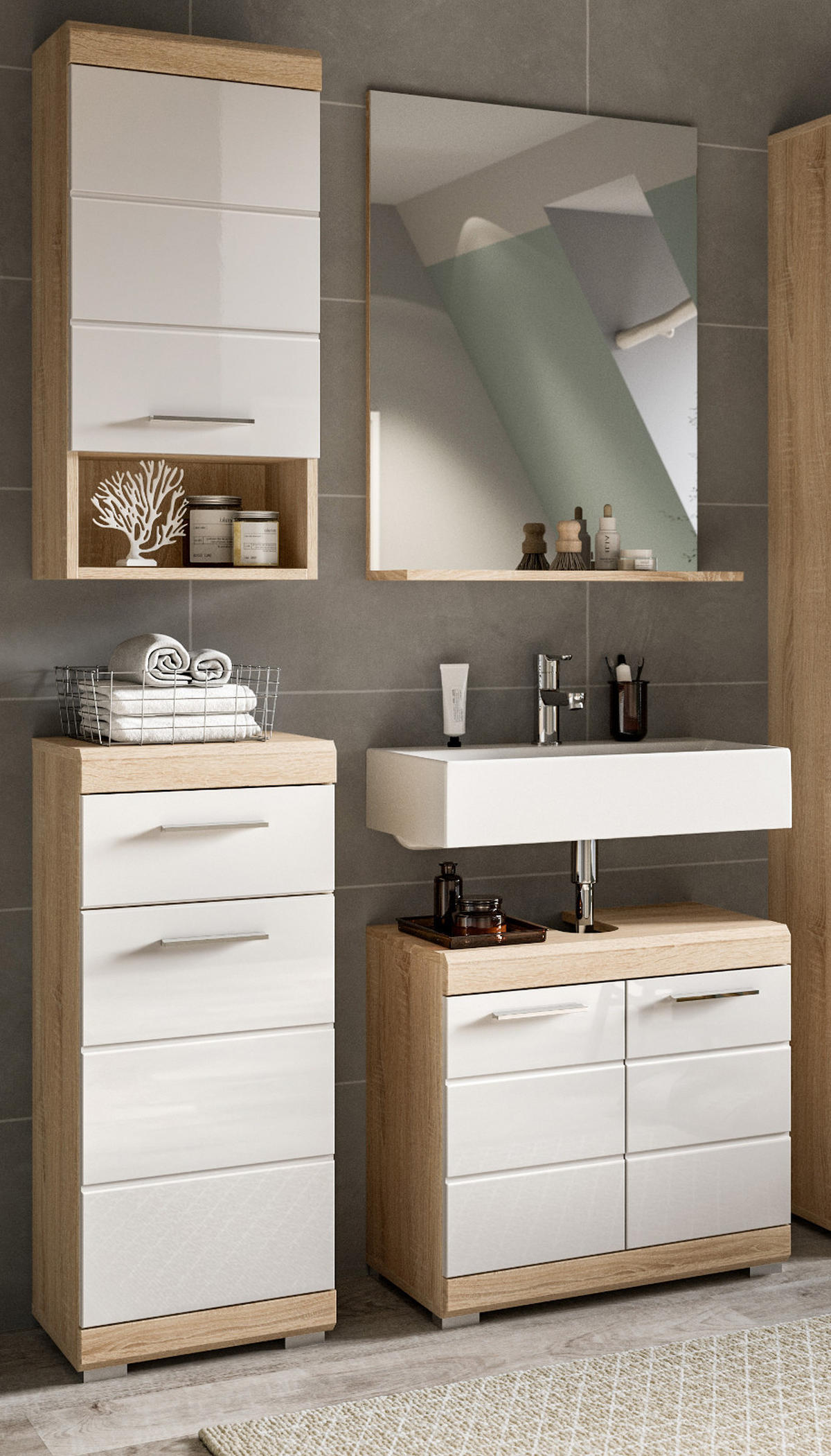 BADMÖBEL-SET weiß Hochglanz, Eiche 4-teilig 112 cm, Kombination mit viel Stauraum - Weiß Hochglanz/Eichefarben, Holzwerkstoff (112/191/34cm) - Inn.Furn