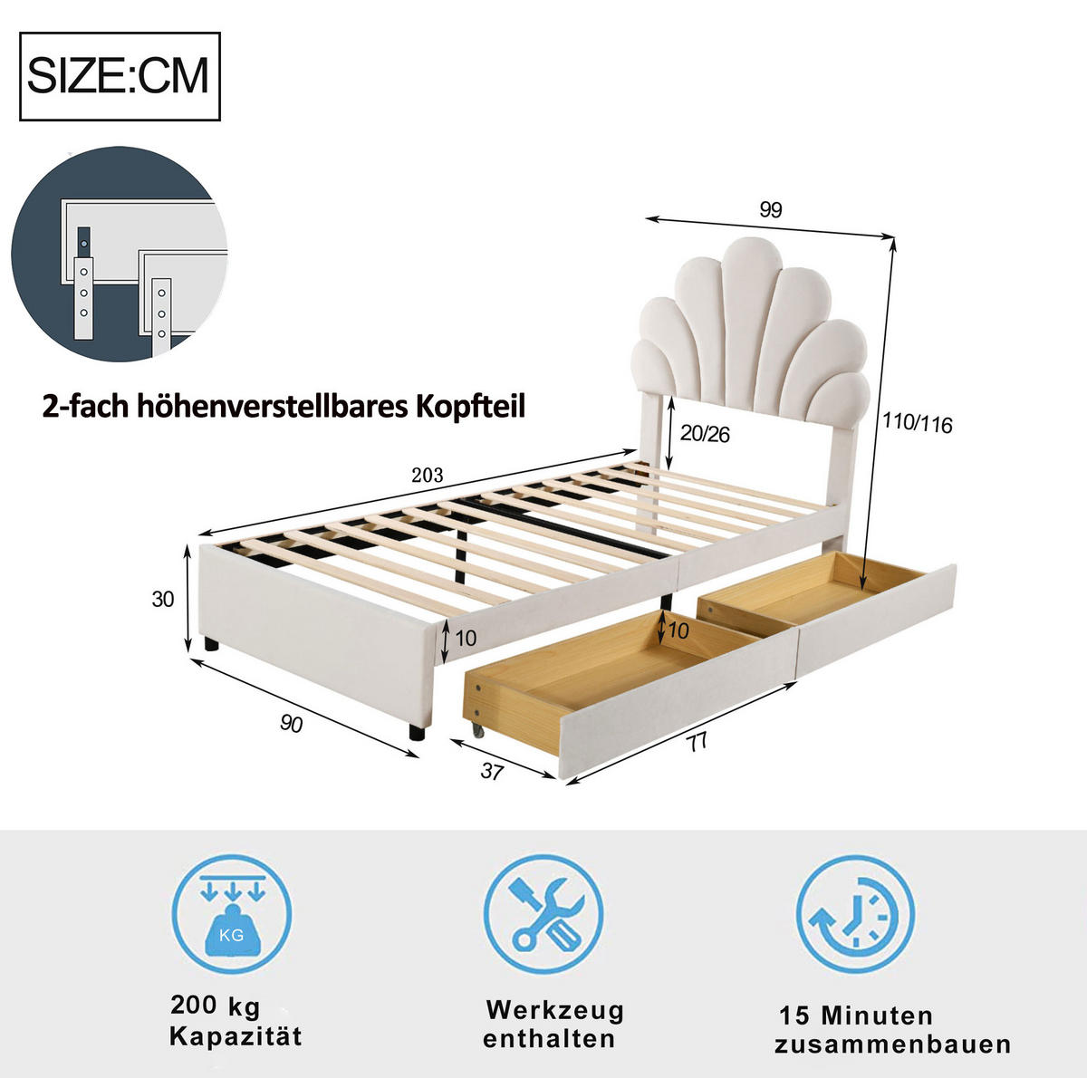 POLSTERBETT 90/200 cm Beige aus Samt mit 2 Schubladen - Beige, Textil (90/200cm) - OKMYHOME