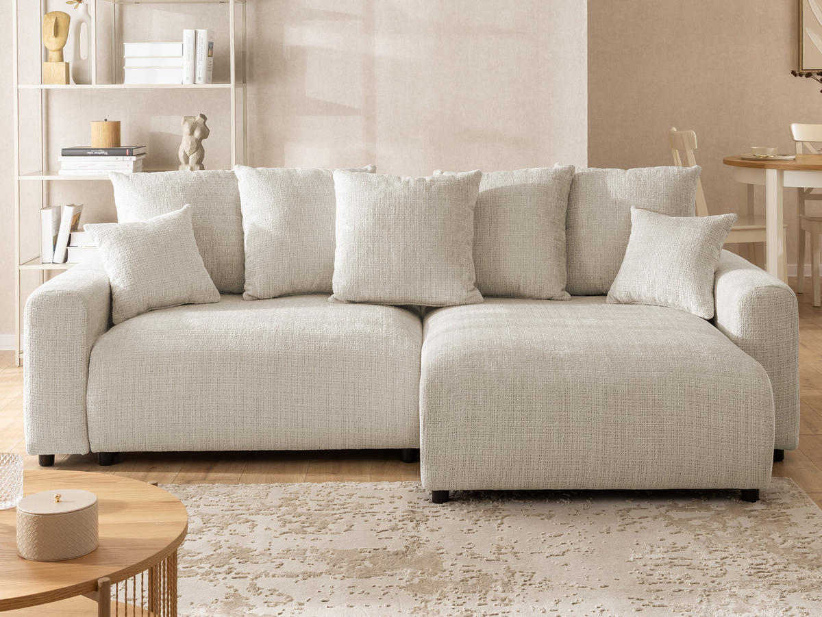 ECKSOFA Calma mit Schlaffunktion und Bettkasten im Bumpy-Design aus weichem Beige Chenille-Stoff - Ottomane rechts - Beige/Schwarz, Holz/Kunststoff (239/140cm) - S-Style Möbel