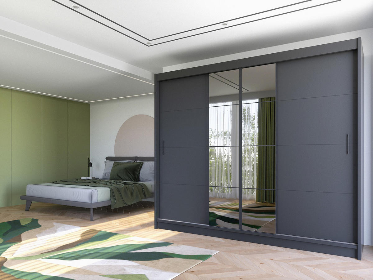 SCHWEBETÜRENSCHRANK KARTHUS 250/215/61 cm 3-türig mit Spiegel Graphitfarben - Graphitfarben, Holzwerkstoff (250/215/61cm) - MASSENO