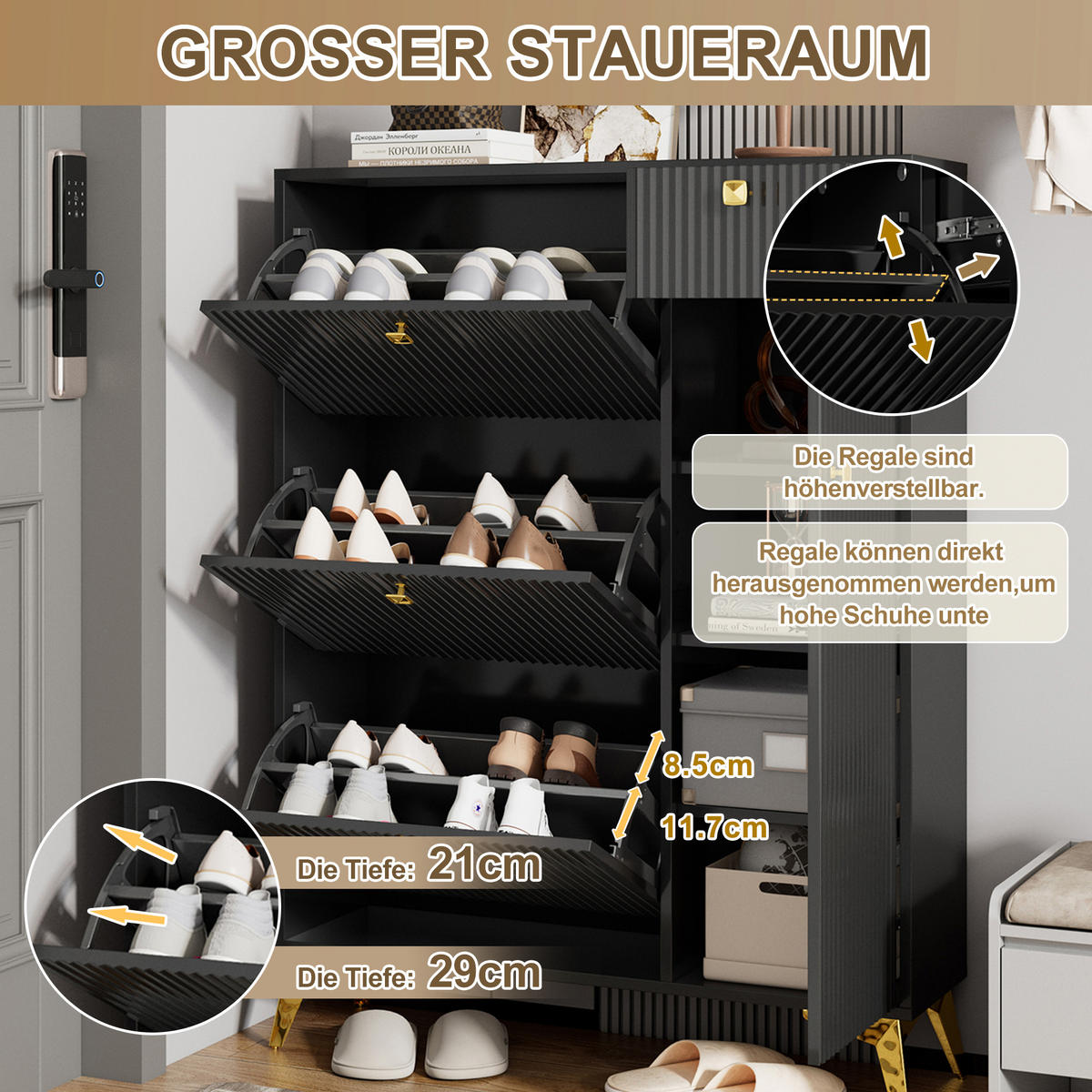 SCHUHSCHRANK mit Wellenfront & Metallgriffen, Holzoptik, Einheitsgröße / Spanplatte + Metall - Goldfarben/Schwarz, Holzwerkstoff/Metall (90/121/25cm) - EVRYAE