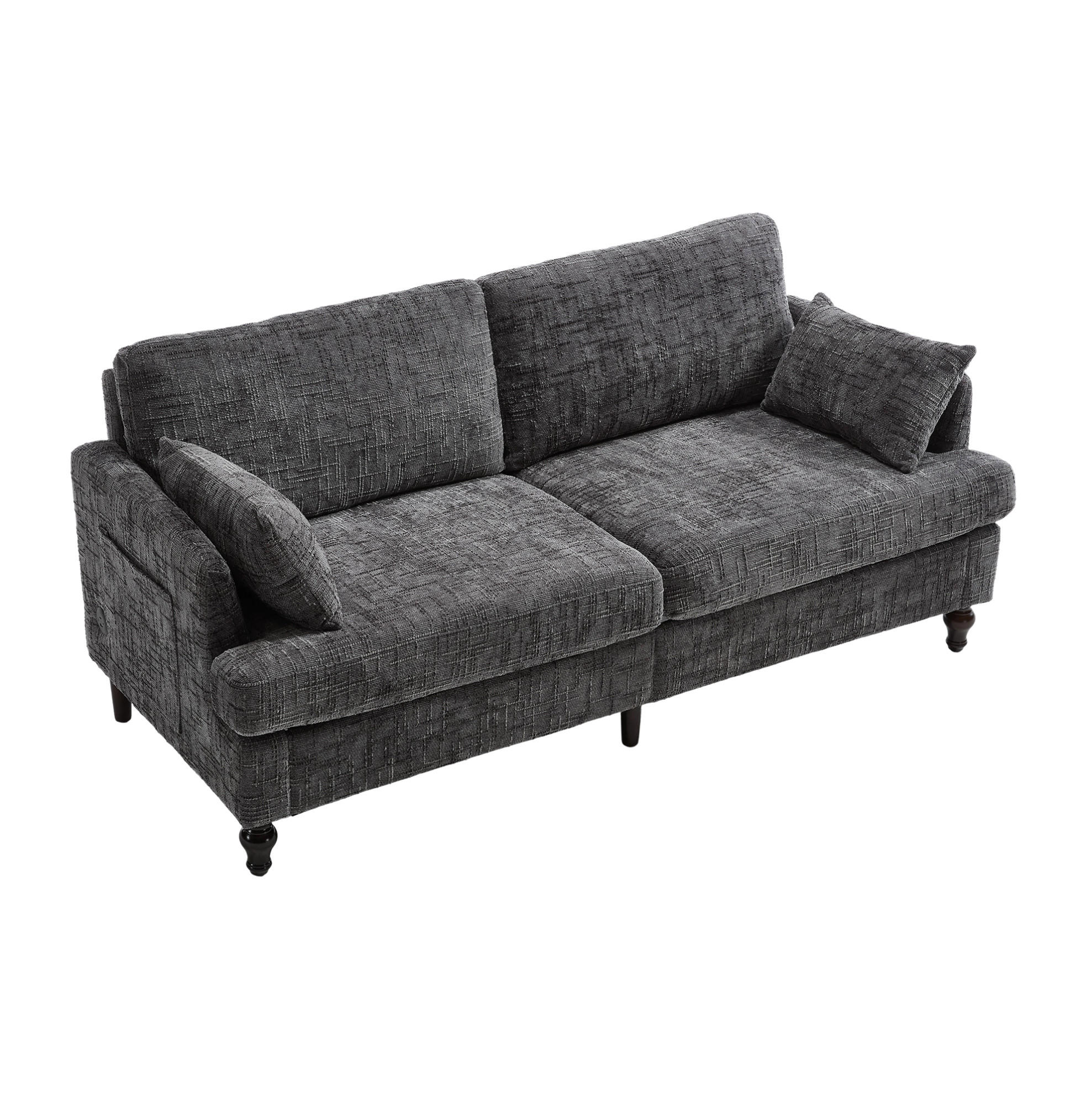 2-SITZER 175/83/78 cm grau aus Chenille mit USB, LED und Tasche - Grau, Textil (175/78/83cm) - OKWISH