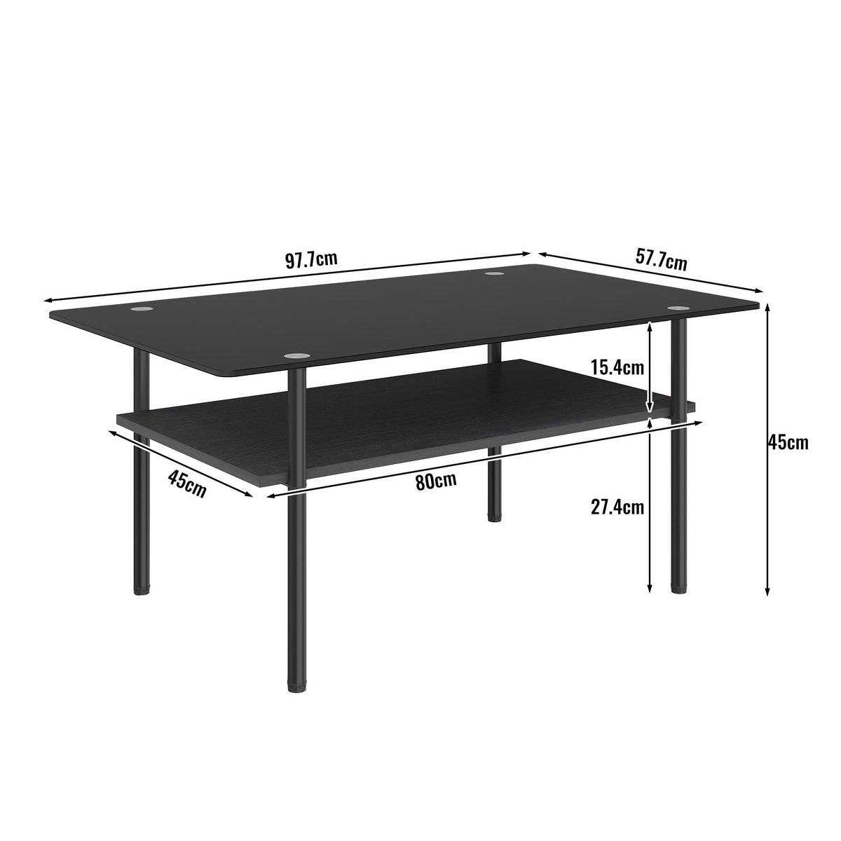 COUCHTISCH DE-37418 rechteckig mit schwarzer Glasplatte Schwarz - Schwarz, Metall (98/58/45cm) - ComfortXL