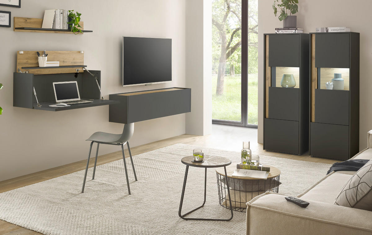 WOHNWAND grau matt, Eiche Wotan 410 cm, Wohnkombination mit Sekretär - Eiche Wotan/Grau, Holzwerkstoff/Kunststoff (410/170/40cm) - Furn.Design
