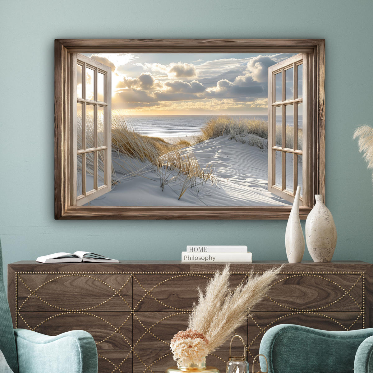 LEINWANDBILD Ausblick - Strand - Dünen - Meer - Natur Groß 140x90 cm - Sandfarben, Textil (140/90cm) - MuchoWow