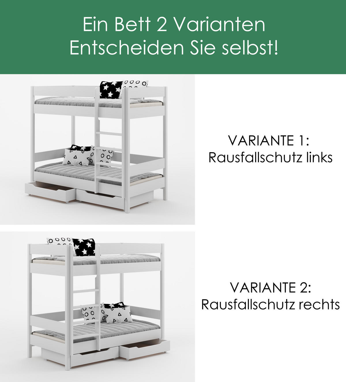 ETAGENBETT Diego 160x80 weiß mit Schubladen und Matratzen - Weiß, Holzwerkstoff (80/160cm) - LUKDOM