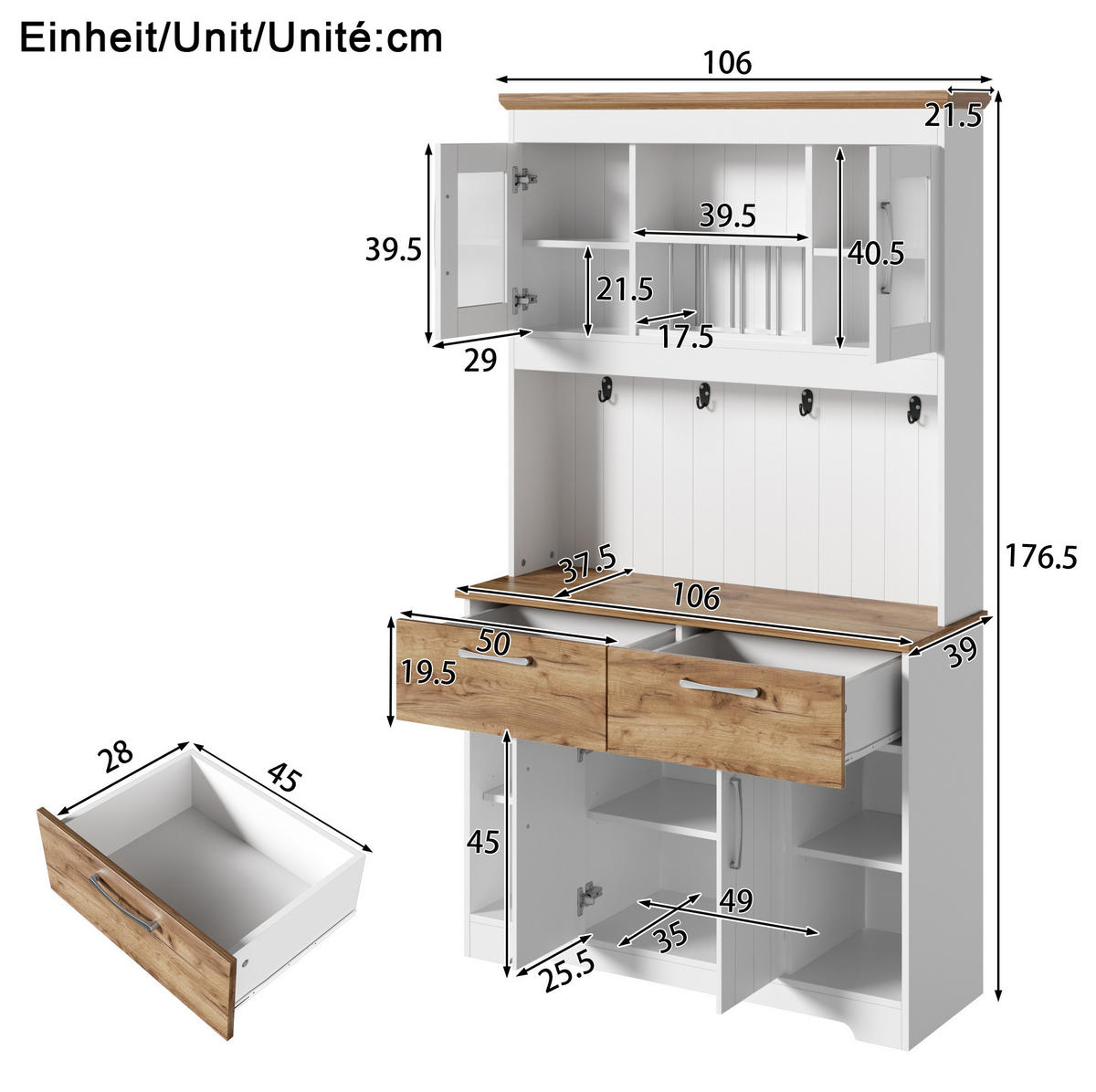 BUFFET 106/176,5/39 cm Weiß/Natur aus Spanplatte mit Vitrinenfächern - Naturfarben, Holzwerkstoff (39/176.5/106cm) - OKMYHOME